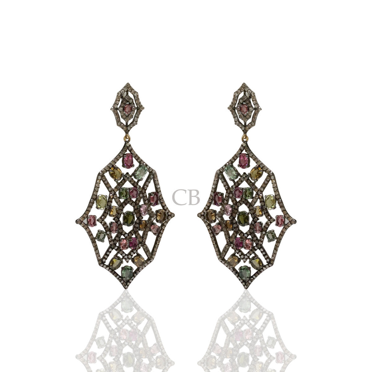 Diamond and Multi Tourmaline Silver Earrings