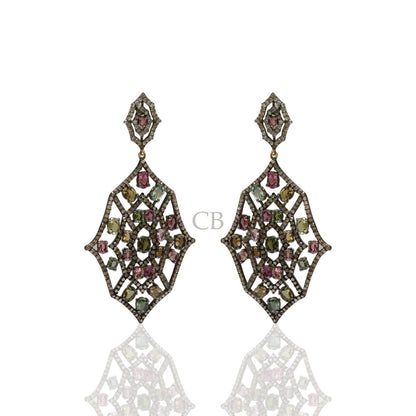 Diamond and Multi Tourmaline Silver Earrings
