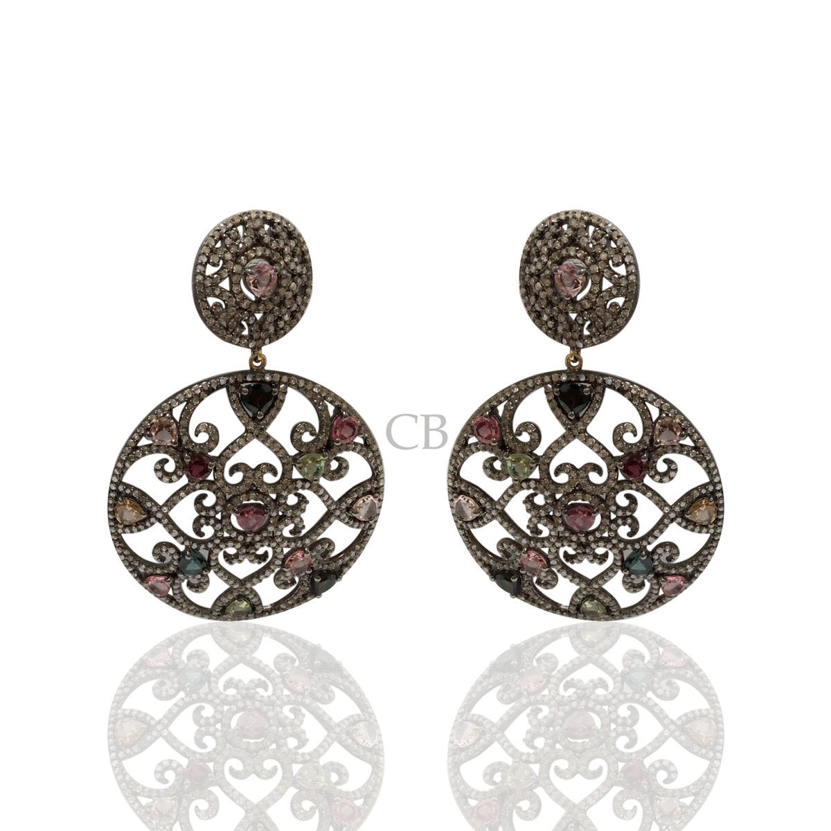 Diamond and Multi Tourmaline Silver Earrings