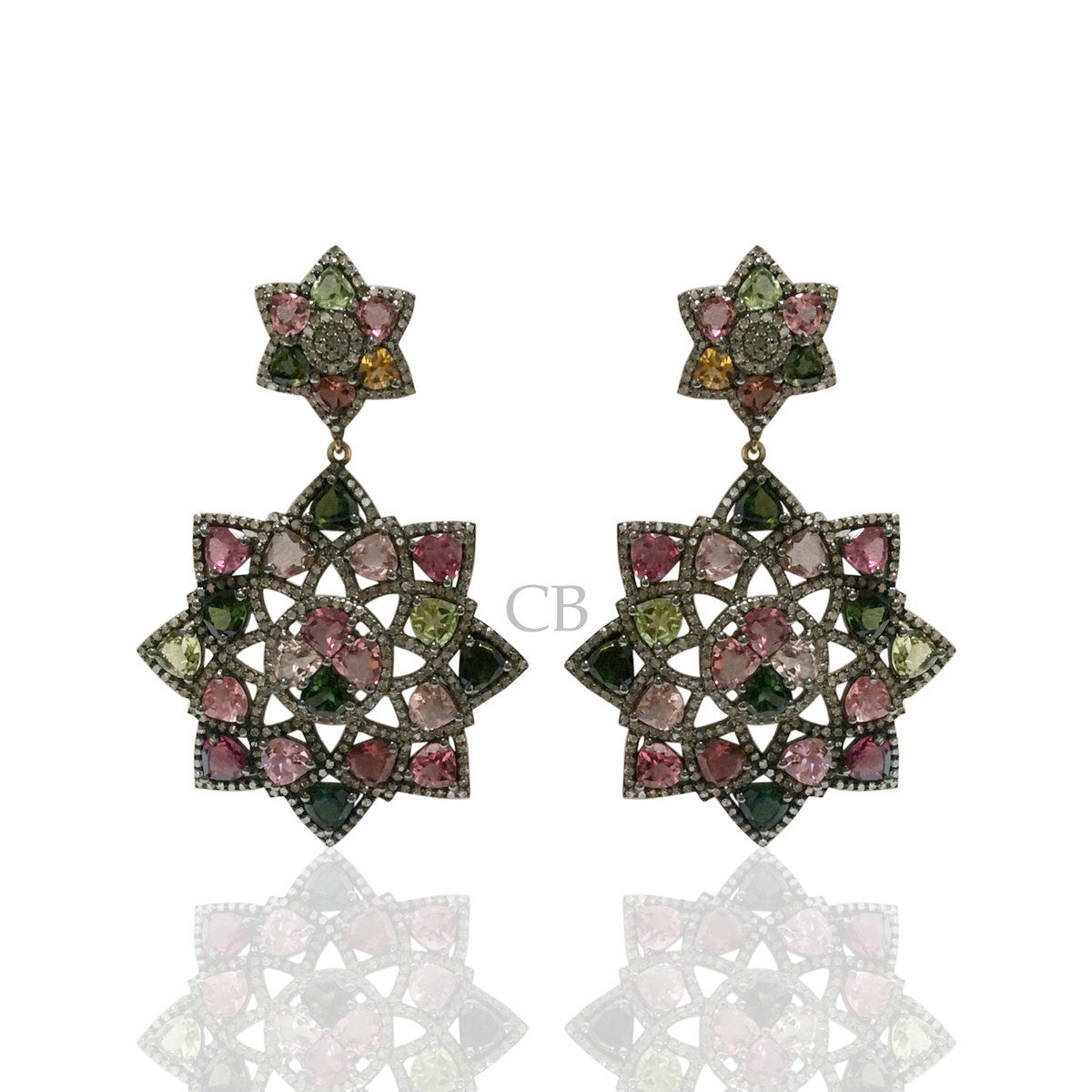 Diamond and Multi Tourmaline Silver Earrings