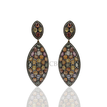 Diamond and Silver multi Sapphire Black Rhodium Finish Earring.