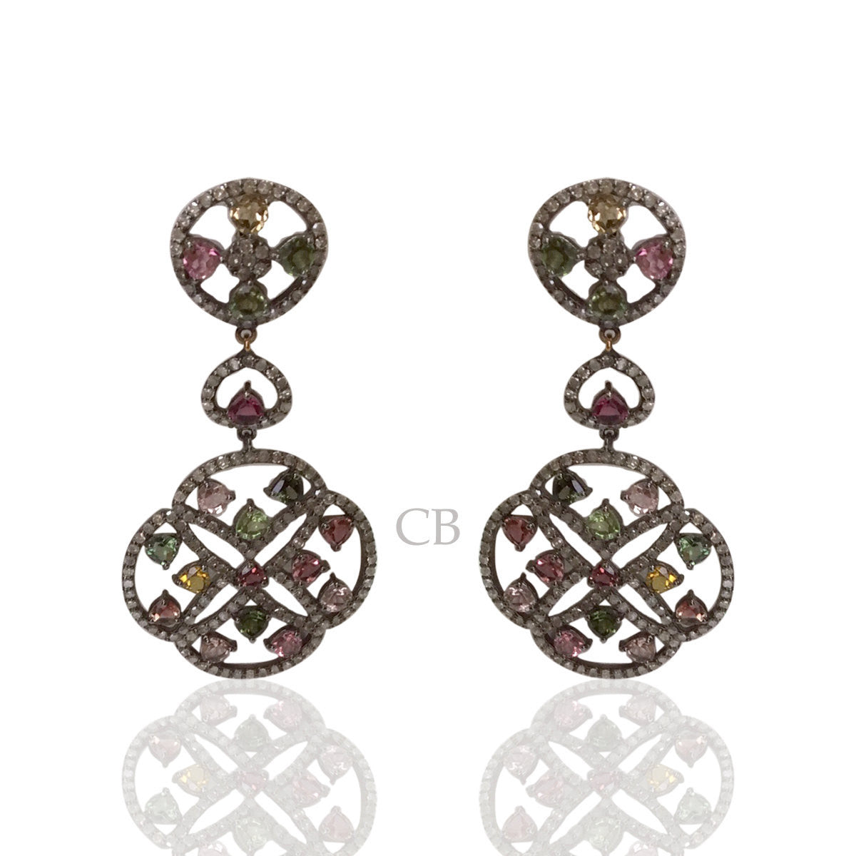 Diamond and Multi Tourmaline Silver Earrings