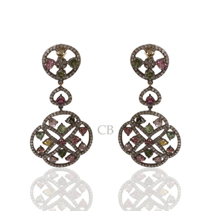 Diamond and Multi Tourmaline Silver Earrings
