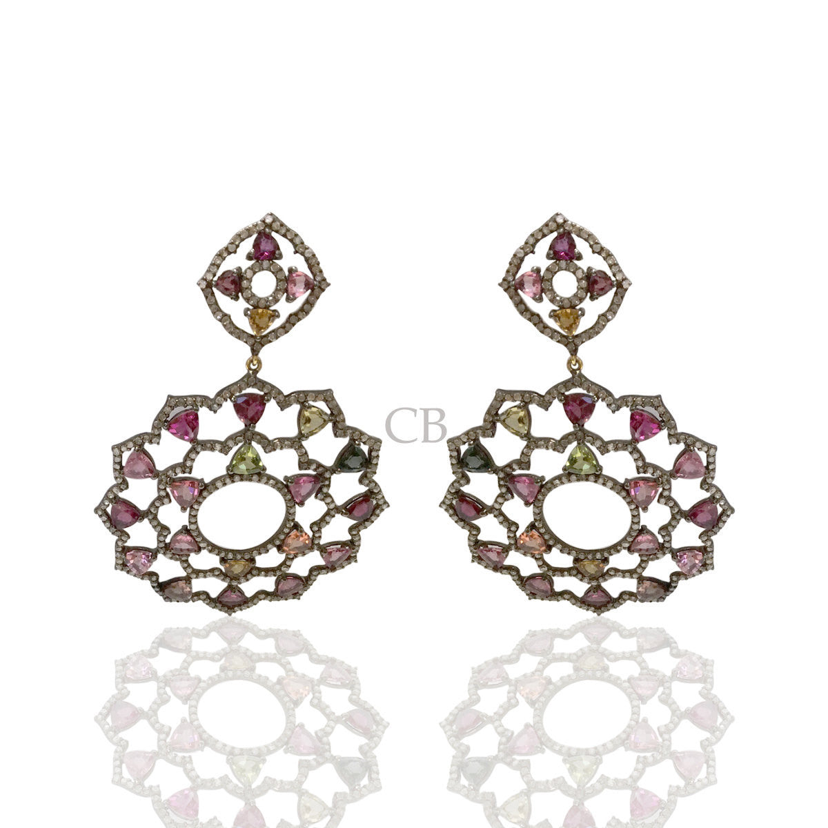 Diamond and Silver Multi Tourmaline Black Rhodium Finish Earring