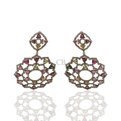 Diamond and Silver Multi Tourmaline Black Rhodium Finish Earring