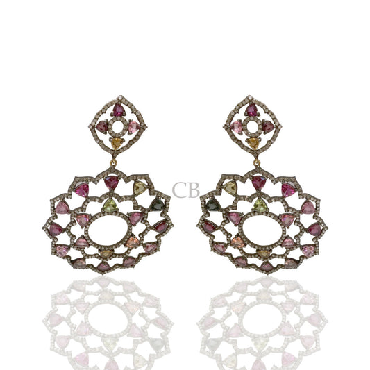 Diamond and Silver Multi Tourmaline Black Rhodium Finish Earring