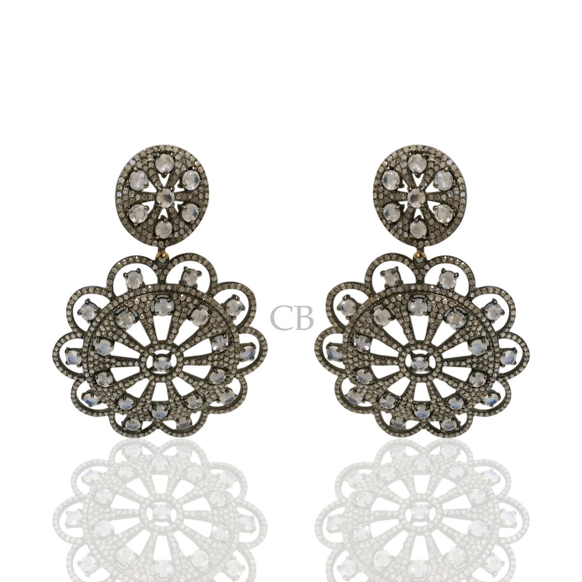 Diamond and Silver White Rainbow Moon Stone Black Rhodium Finish Earring