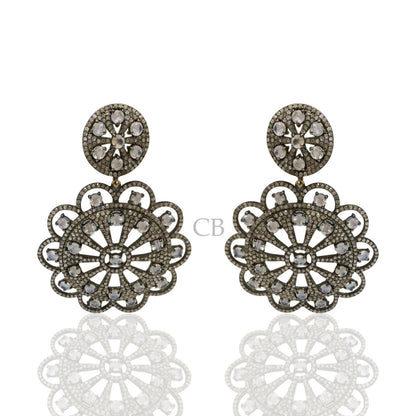 Diamond and Silver White Rainbow Moon Stone Black Rhodium Finish Earring