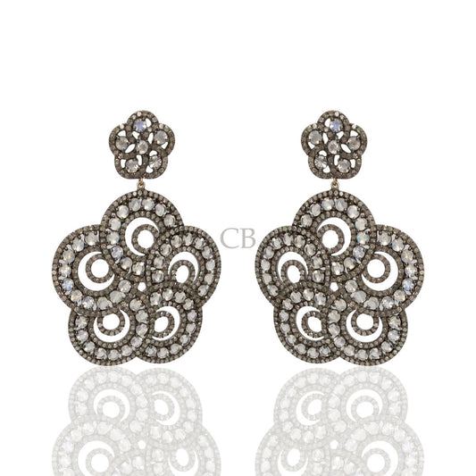 Diamond and Silver White Rainbow Moon Stone Black Rhodium Finish Earring