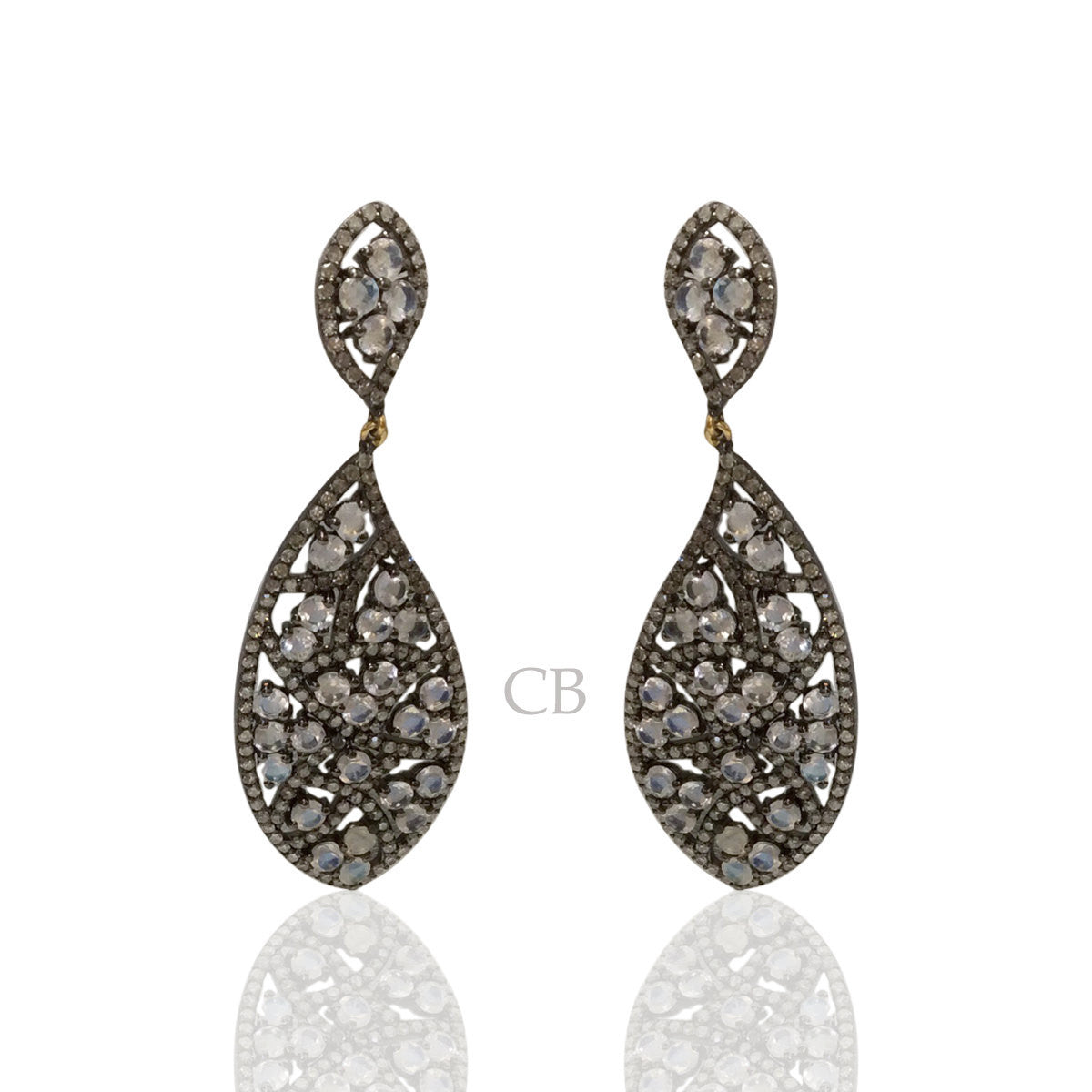 Diamond and Silver White Rainbow Moon Stone Black Rhodium Finish Earrings