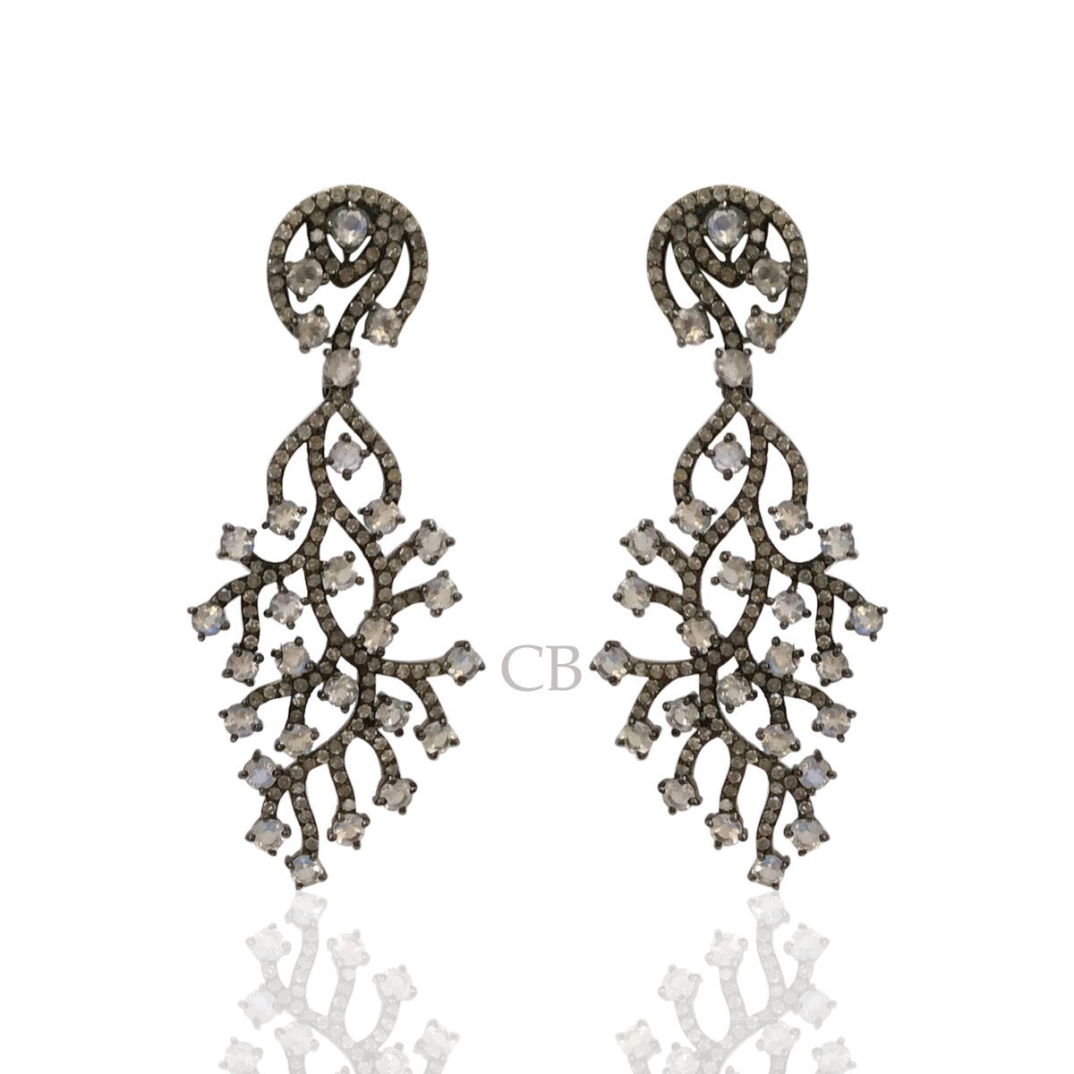 Diamond and Silver White Rainbow Moon Stone Black Rhodium Finish Earrings.