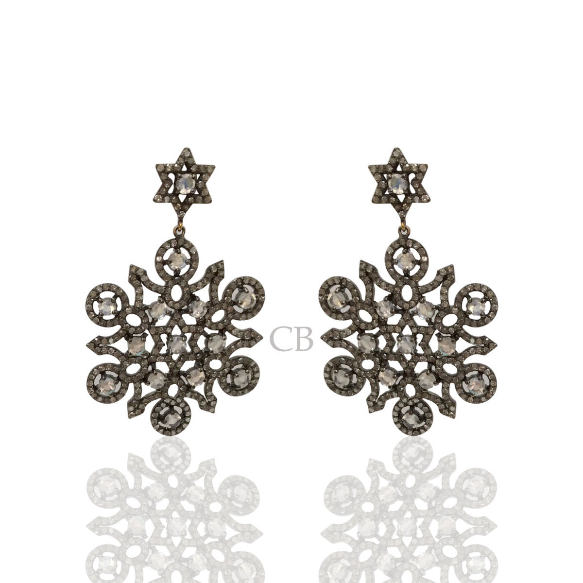 Diamond and White Rainbow Moon Stone Silver Earrings