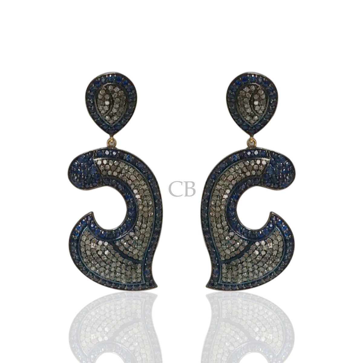 Diamond and Sapphire Silver Black Rhodium Finish Earrings