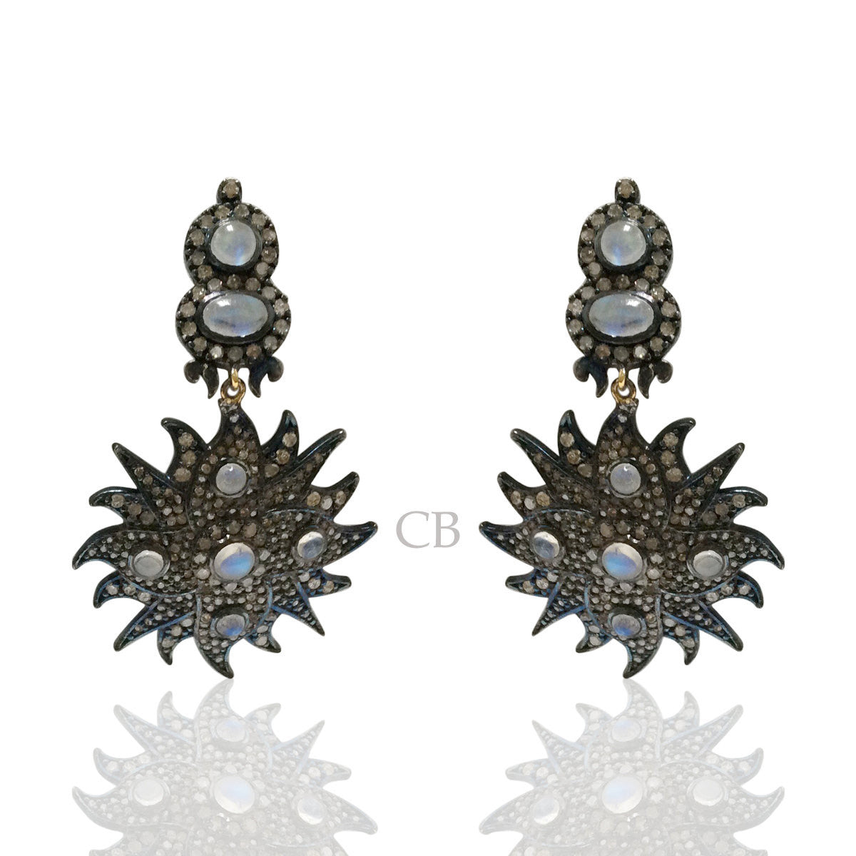 Diamond and Silver White Rainbow Moon Stone Black Rhodium Finish Earrings