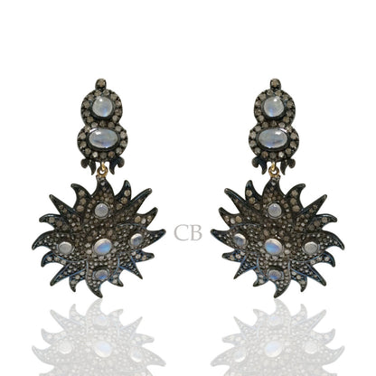 Diamond and Silver White Rainbow Moon Stone Black Rhodium Finish Earrings