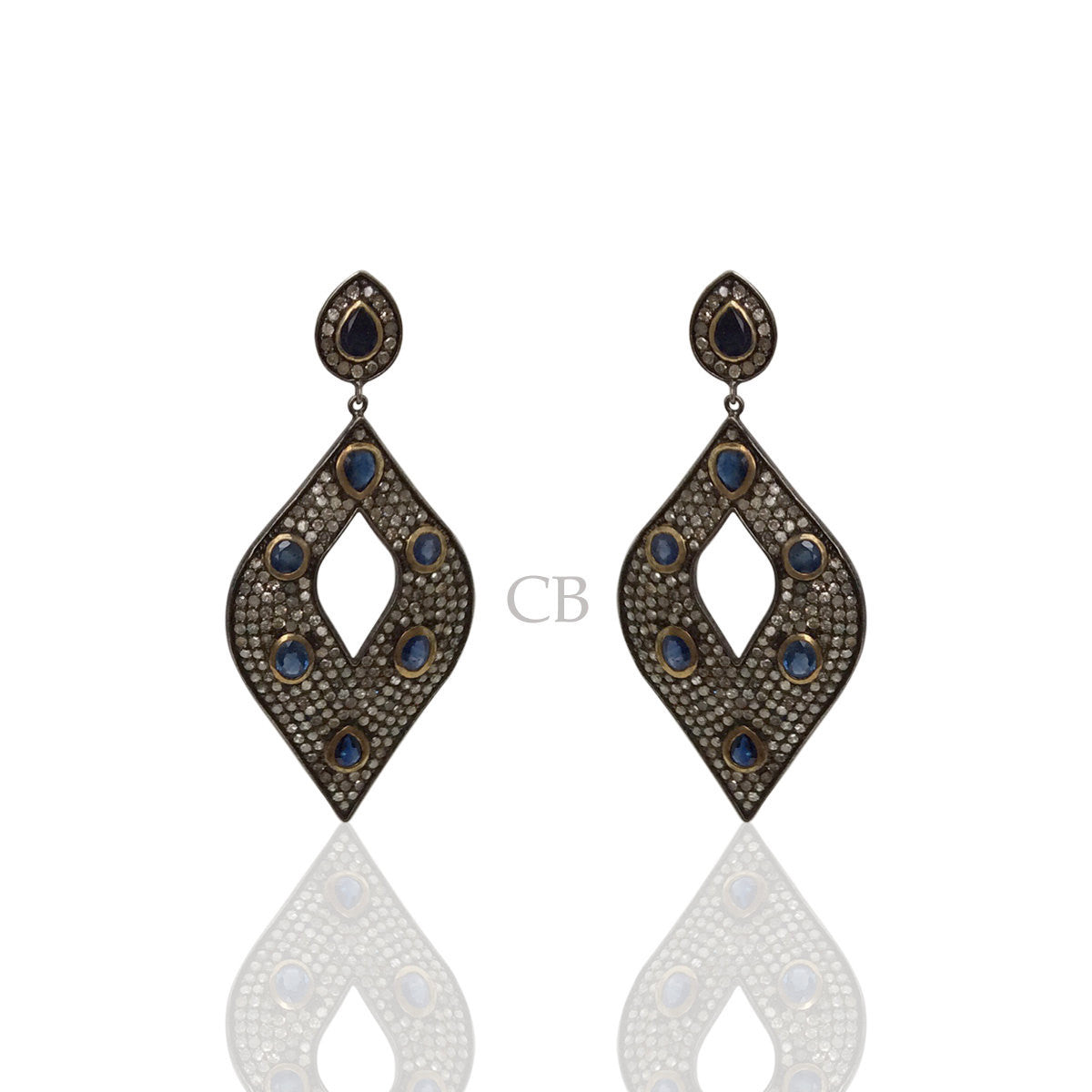 Diamond and Silver Blue Sapphire Black Rhodium Finish Earring