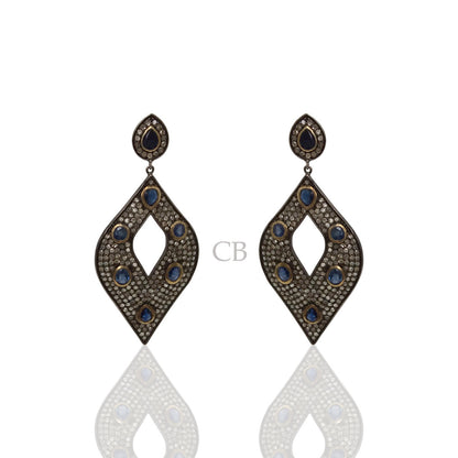 Diamond and Silver Blue Sapphire Black Rhodium Finish Earring