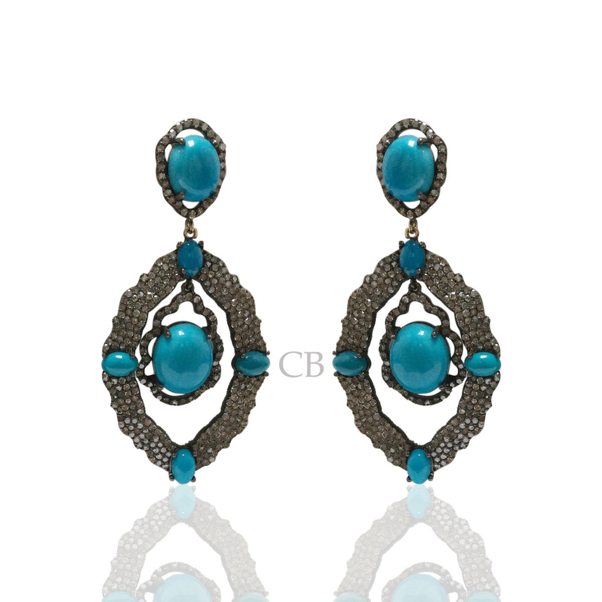 Diamond and Silver Turquoise Stone Black Rhodium Finish Earring.