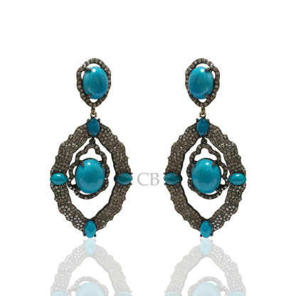Diamond and Silver Turquoise Stone Black Rhodium Finish Earring.