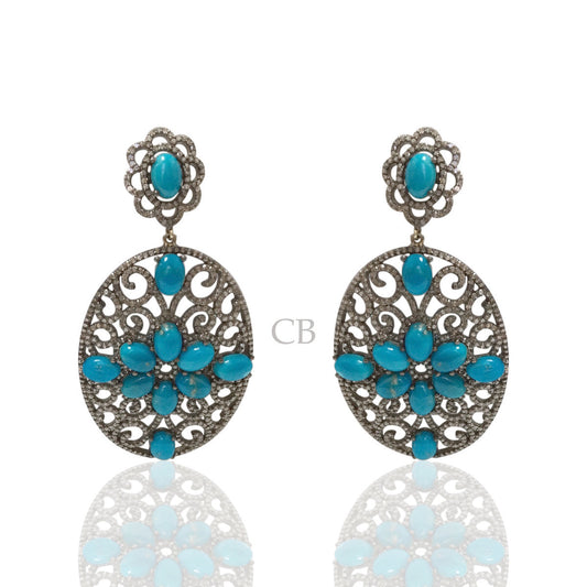 Diamond and Silver Turquoise Stone Black Rhodium Finish Earrings