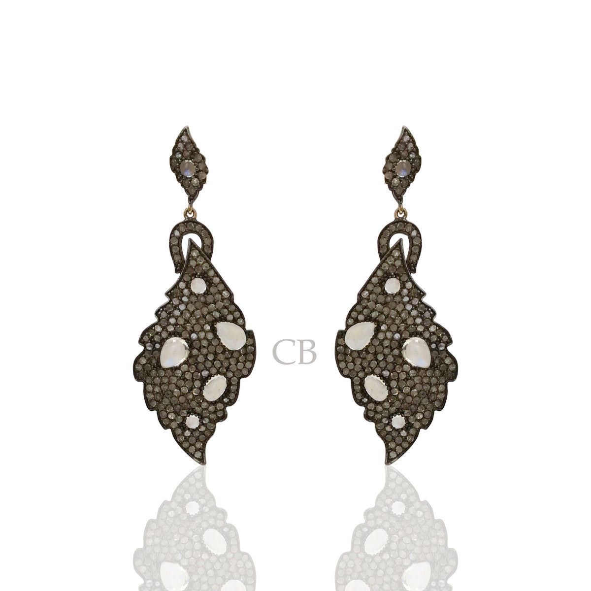 Diamond and Silver White Rainbow Moon Stone Black Rhodium Finish Earrings