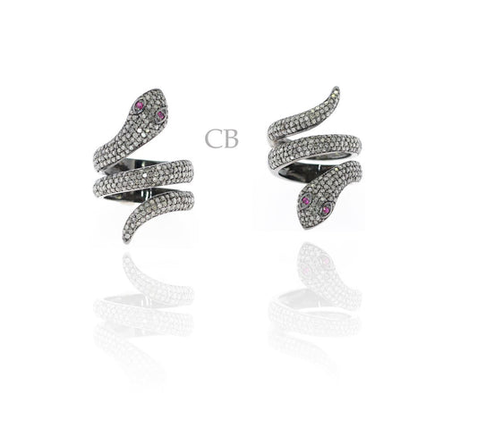 Diamond and Silver Ruby Stone Black Rhodium Finish Ring