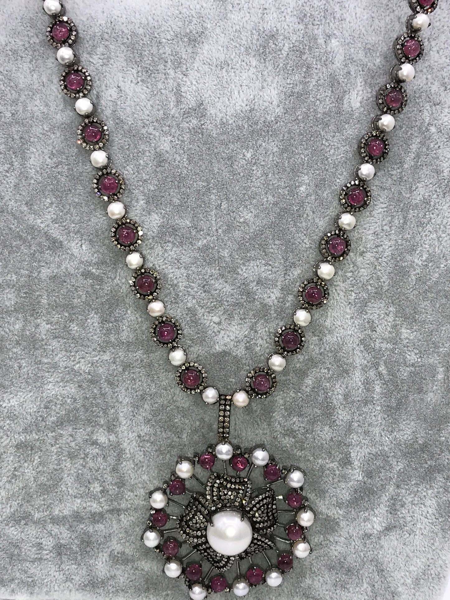 Pink Tourmaline and pearl designer pendant necklace with Diamonds