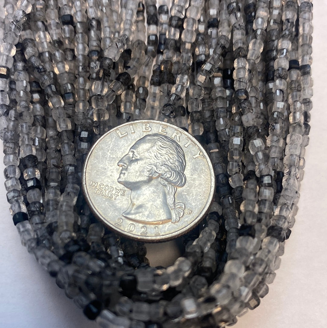 Quartz, Black Rutilated Quartz Faceted Square, Black Rutilated Quartz faceted box, faceted cube