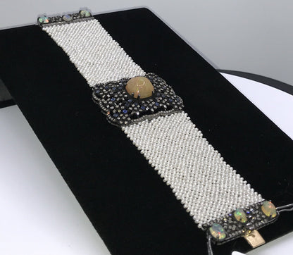 Opal and Diamond Designer Bracelet with Pearl Woven