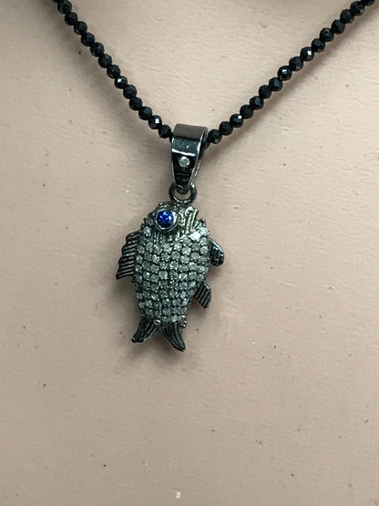 Fish Shape Diamond Pendant .925 Oxidized Sterling Silver Diamond Pendant, Genuine handmade pave diamond Pendant.