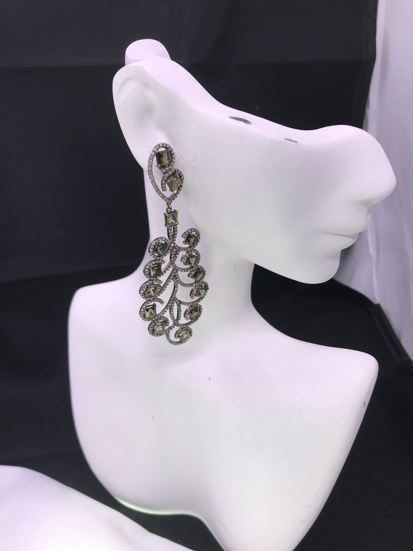 Diamond and Tourmaline Silver Black Rhodium Finish Earrings