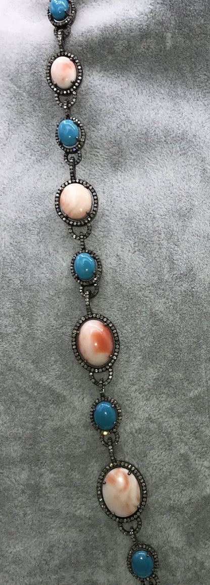 Pink Coral and Turquoise Natural Designer Necklace with Diamonds