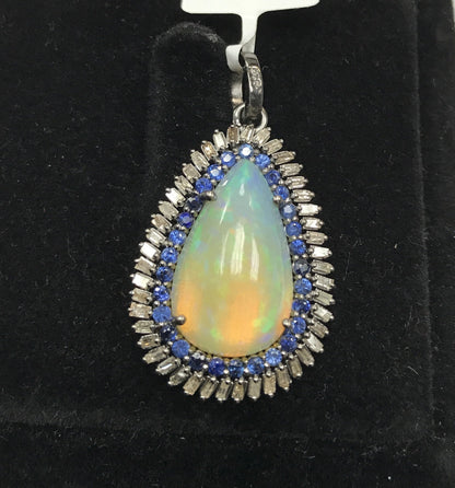 Opal with Diamond and blue Sapphire Pendant