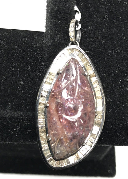 Pink Tourmaline Carved and Diamond Pendant