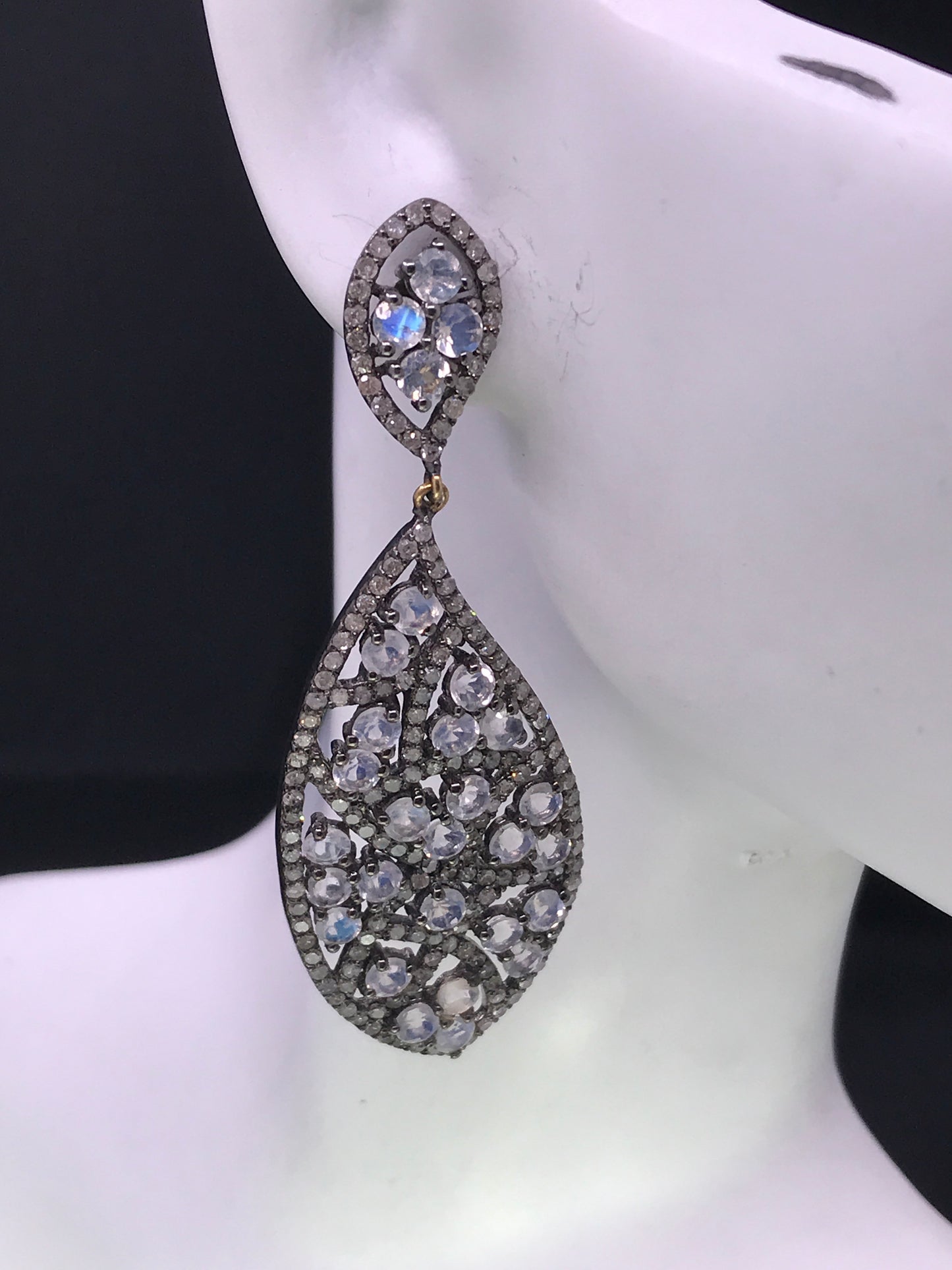 Diamond and Silver White Rainbow Moon Stone Black Rhodium Finish Earrings