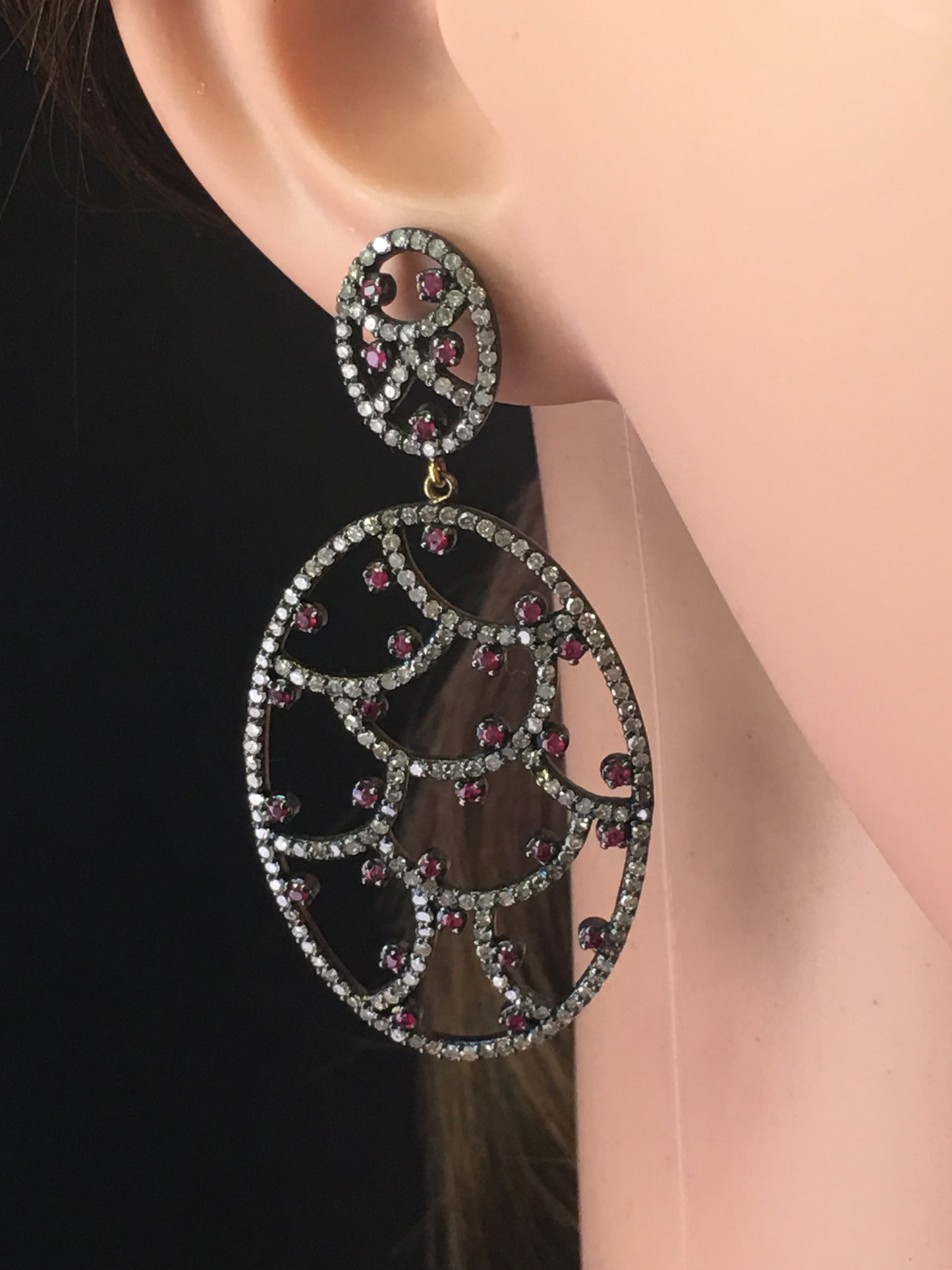 Diamond and Silver Ruby Black Rhodium Finish Earrings