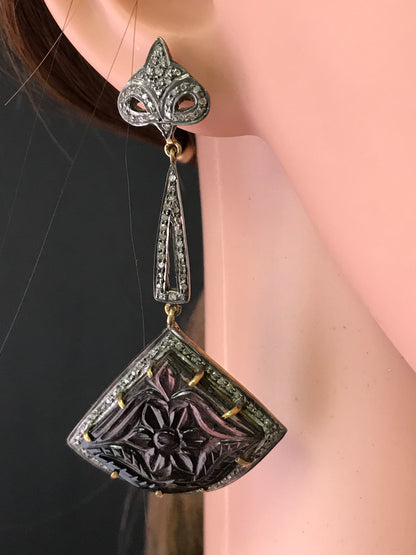 Diamond and Tourmaline Carved Earrings,