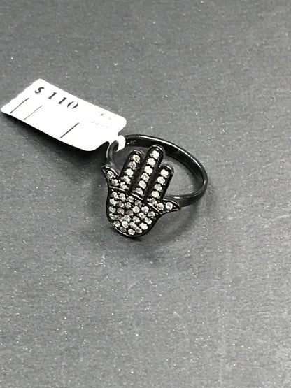 Hamsa Hand Diamond and Silver Black Rhodium Finish Ring