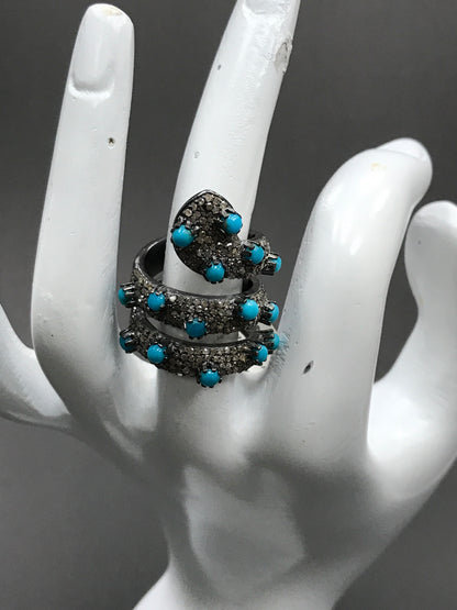 Snake shape Pave Diamond Ring .925 Oxidized Sterling Silver Diamond Ring, Genuine handmade pave diamond Ring Size Approx 1.40"(35 MM)