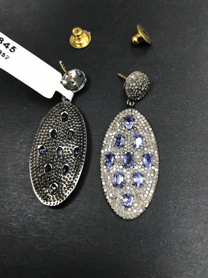 Oval Diamond Silver Earring .925 Oxidized Sterling Silver Diamond Earring, Genuine handmade pave diamond Earring Size 2.00"(50 x 19 MM )