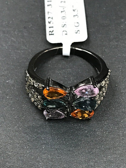 Pave Diamond Ring .925 Oxidized Sterling Silver Diamond Ring, Genuine handmade pave diamond Ring Size Approx 0.56"(13 x 14 MM)