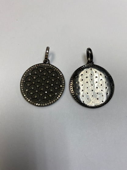 Round Shape Silver Pave Diamond Pendant .925 Oxidized Sterling Silver Diamond Pendant, Genuine handmade pave diamond Pendant Size 25 MM