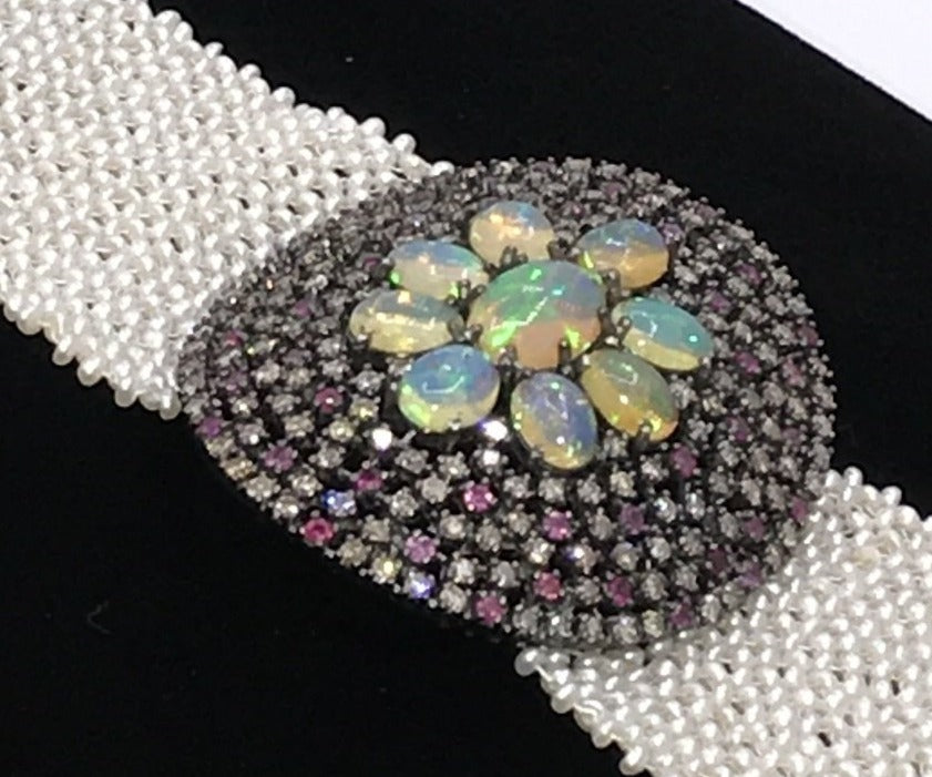 Opal and Diamond Designer Bracelet Pearl Woven