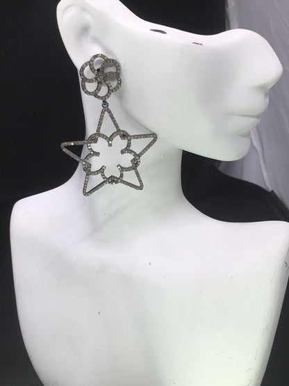 Star Diamond Earring .925 Oxidized Sterling Silver Diamond Earring, Genuine handmade pave diamond Earring Size 2.40"(39 x 60 MM )