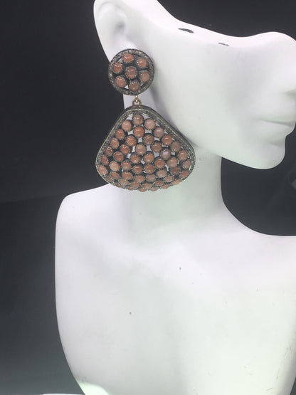 Diamond And Peach Moonstone Earrings