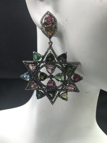 Diamond and Multi Tourmaline Silver Earrings