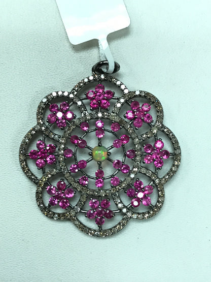 Flower Shape Diamond Pendant .925 Oxidized Sterling Silver Diamond Pendant, Genuine handmade pave diamond Pendant.