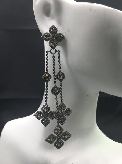 Diamond and Silver Multi Tourmaline Black Rhodium Finish Earring