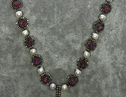 Pink Tourmaline and pearl designer pendant necklace with Diamonds