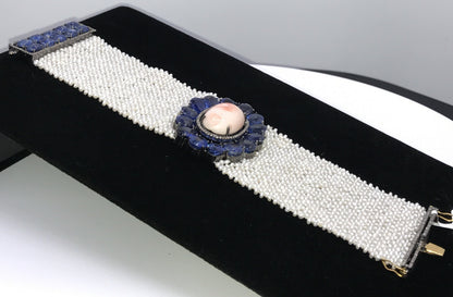 Coral and Kynite Designer Bracelet with Kynite and woven Pearls